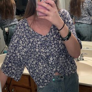 Blue and white front tie blouse